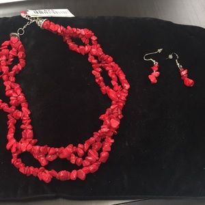 Red beaded necklace and earring set